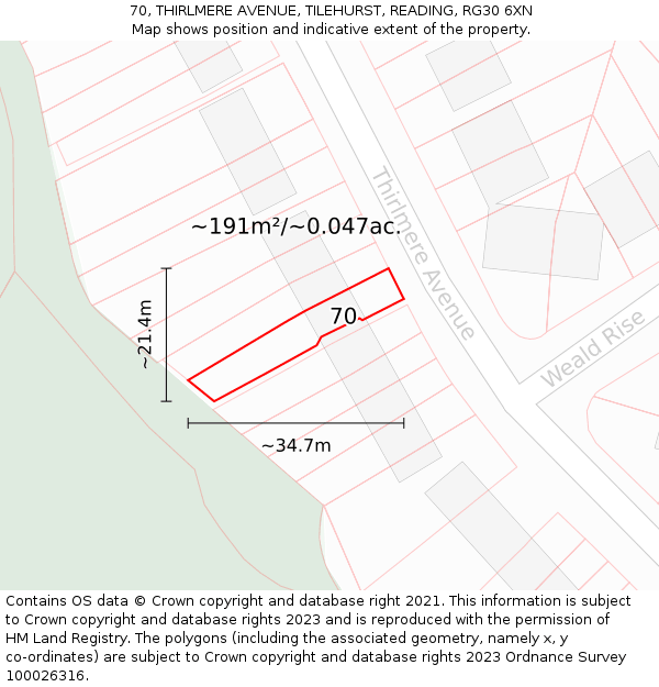 70, THIRLMERE AVENUE, TILEHURST, READING, RG30 6XN: Plot and title map