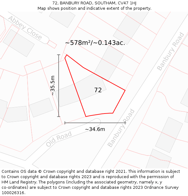 72, BANBURY ROAD, SOUTHAM, CV47 1HJ: Plot and title map