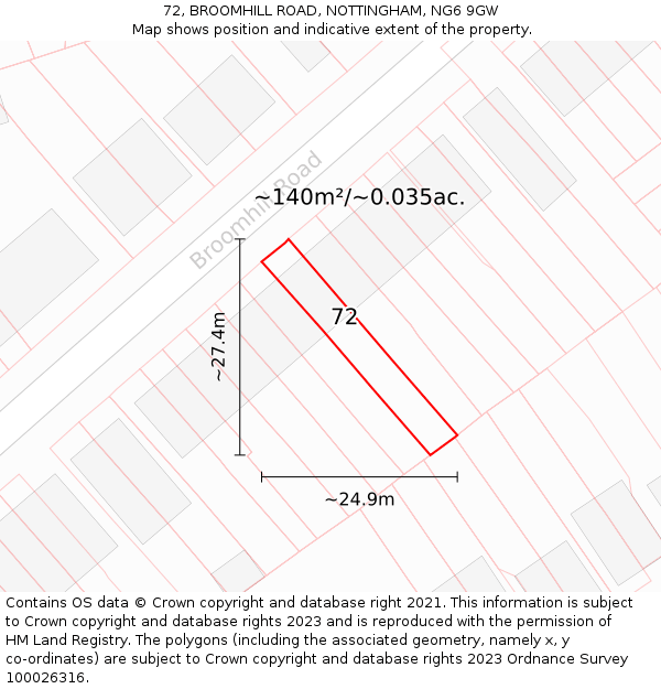 72, BROOMHILL ROAD, NOTTINGHAM, NG6 9GW: Plot and title map