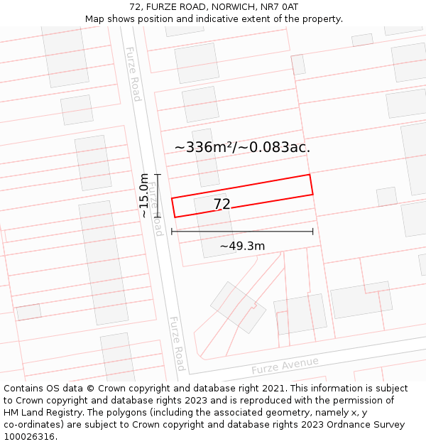 72, FURZE ROAD, NORWICH, NR7 0AT: Plot and title map