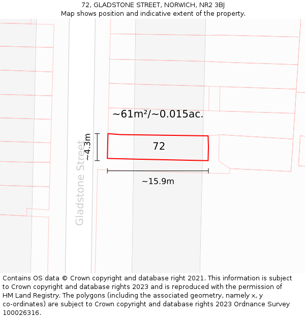 72, GLADSTONE STREET, NORWICH, NR2 3BJ: Plot and title map