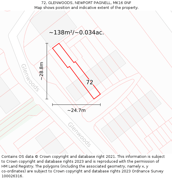 72, GLENWOODS, NEWPORT PAGNELL, MK16 0NF: Plot and title map