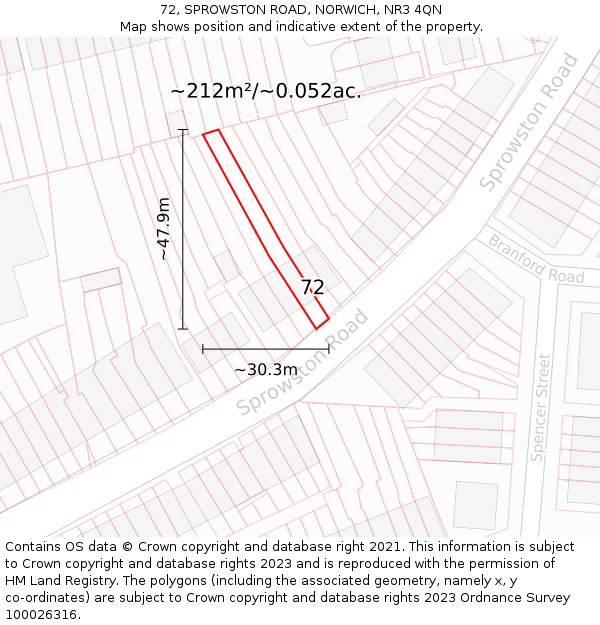 72, SPROWSTON ROAD, NORWICH, NR3 4QN: Plot and title map