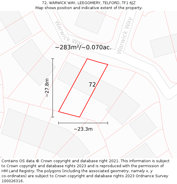 72, WARWICK WAY, LEEGOMERY, TELFORD, TF1 6JZ: Plot and title map
