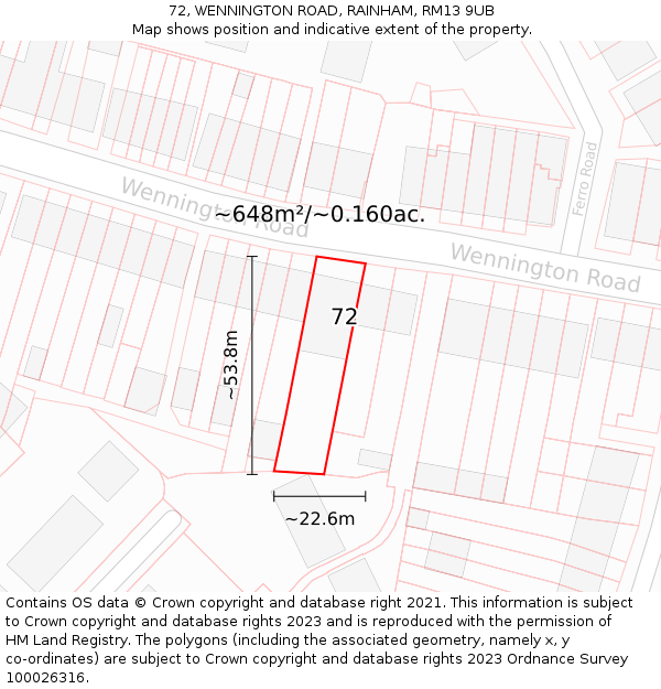 72, WENNINGTON ROAD, RAINHAM, RM13 9UB: Plot and title map