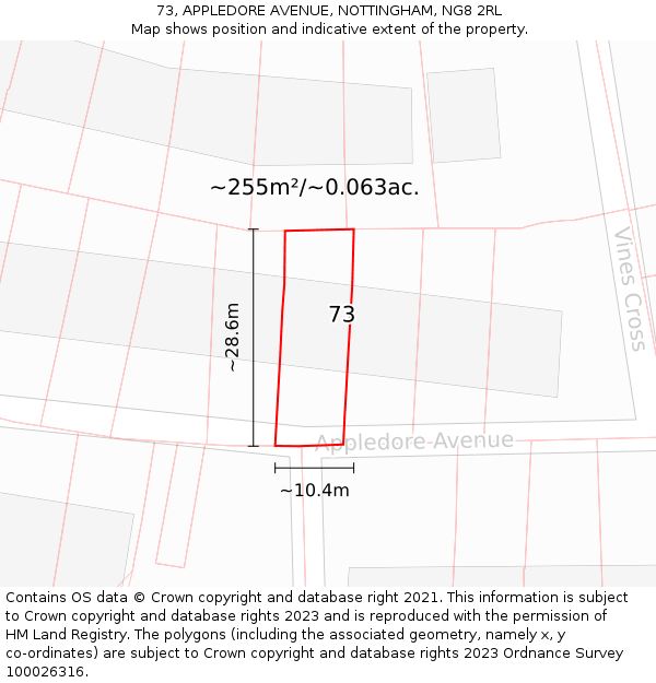 73, APPLEDORE AVENUE, NOTTINGHAM, NG8 2RL: Plot and title map