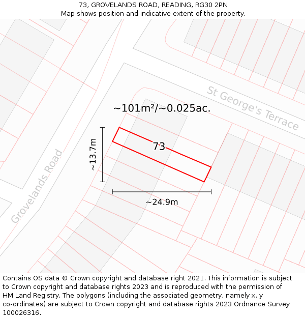 73, GROVELANDS ROAD, READING, RG30 2PN: Plot and title map