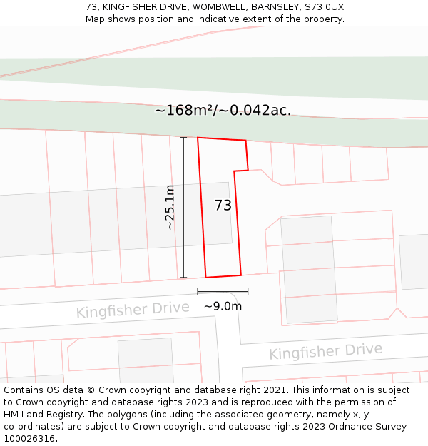 73, KINGFISHER DRIVE, WOMBWELL, BARNSLEY, S73 0UX: Plot and title map