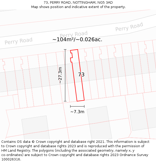 73, PERRY ROAD, NOTTINGHAM, NG5 3AD: Plot and title map