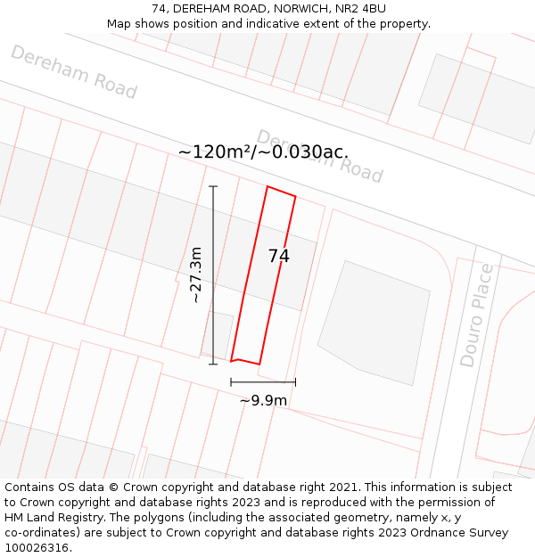 74, DEREHAM ROAD, NORWICH, NR2 4BU: Plot and title map