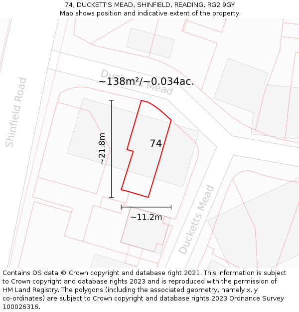 74, DUCKETT'S MEAD, SHINFIELD, READING, RG2 9GY: Plot and title map