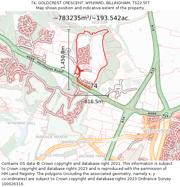 74, GOLDCREST CRESCENT, WYNYARD, BILLINGHAM, TS22 5FT: Plot and title map