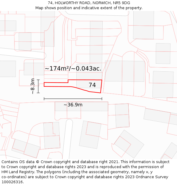 74, HOLWORTHY ROAD, NORWICH, NR5 9DG: Plot and title map