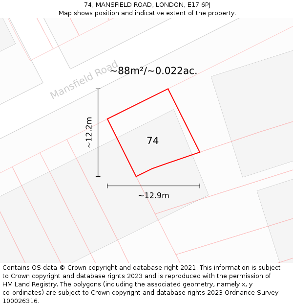 74, MANSFIELD ROAD, LONDON, E17 6PJ: Plot and title map