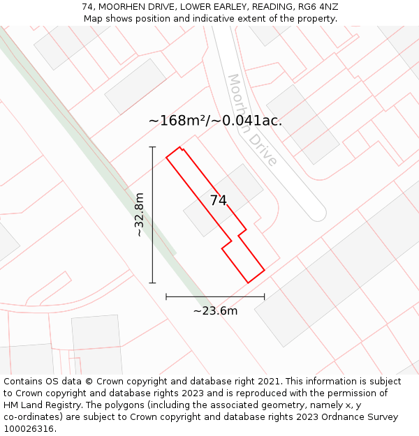 74, MOORHEN DRIVE, LOWER EARLEY, READING, RG6 4NZ: Plot and title map