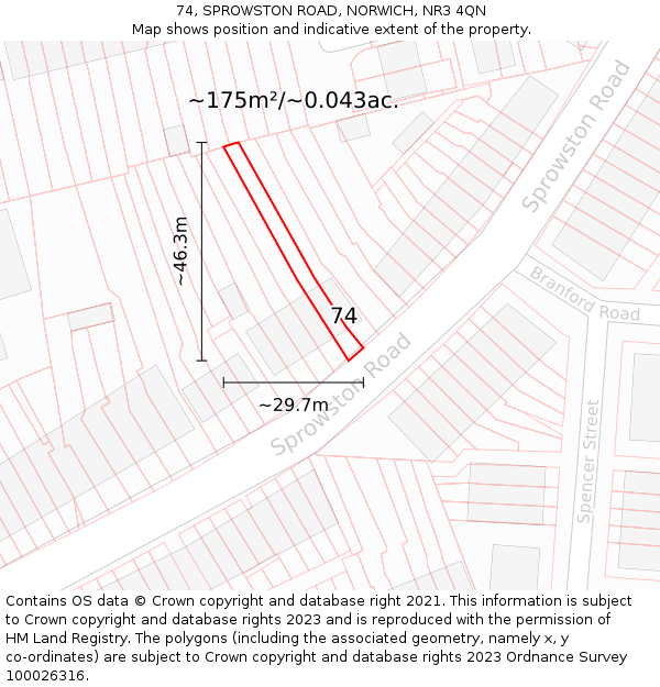 74, SPROWSTON ROAD, NORWICH, NR3 4QN: Plot and title map