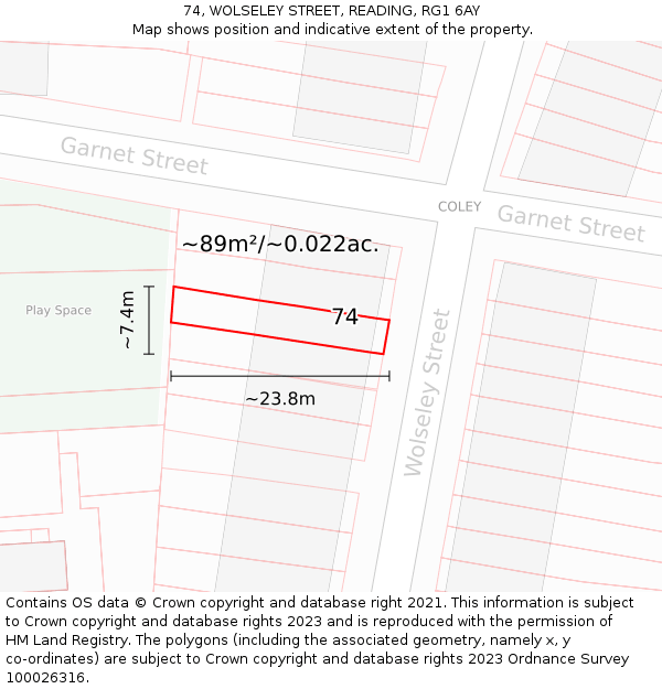 74, WOLSELEY STREET, READING, RG1 6AY: Plot and title map