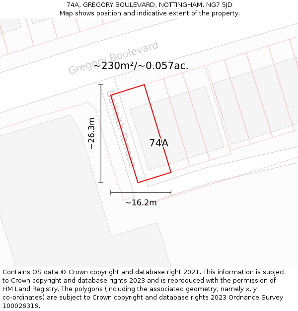 74A, GREGORY BOULEVARD, NOTTINGHAM, NG7 5JD: Plot and title map