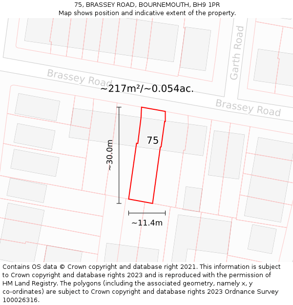 75, BRASSEY ROAD, BOURNEMOUTH, BH9 1PR: Plot and title map