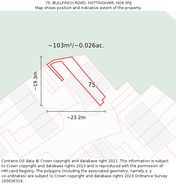 75, BULLFINCH ROAD, NOTTINGHAM, NG6 0NJ: Plot and title map