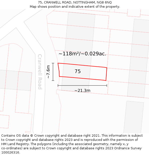 75, CRANWELL ROAD, NOTTINGHAM, NG8 6NQ: Plot and title map