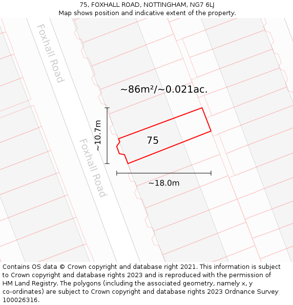 75, FOXHALL ROAD, NOTTINGHAM, NG7 6LJ: Plot and title map
