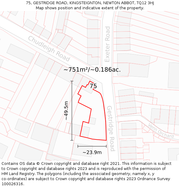 75, GESTRIDGE ROAD, KINGSTEIGNTON, NEWTON ABBOT, TQ12 3HJ: Plot and title map