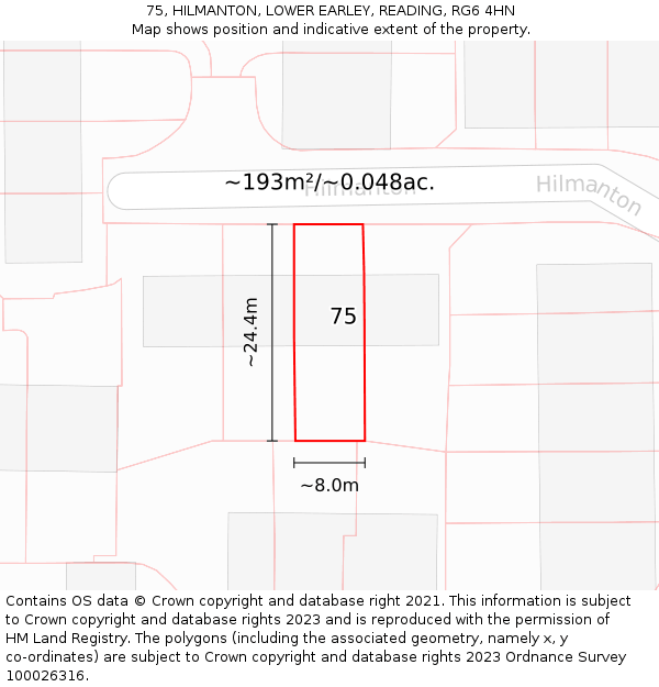 75, HILMANTON, LOWER EARLEY, READING, RG6 4HN: Plot and title map