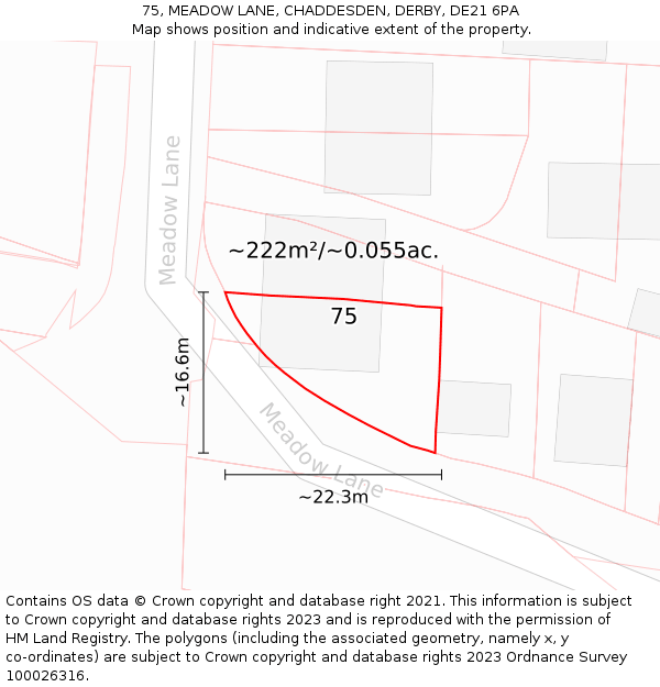 75, MEADOW LANE, CHADDESDEN, DERBY, DE21 6PA: Plot and title map