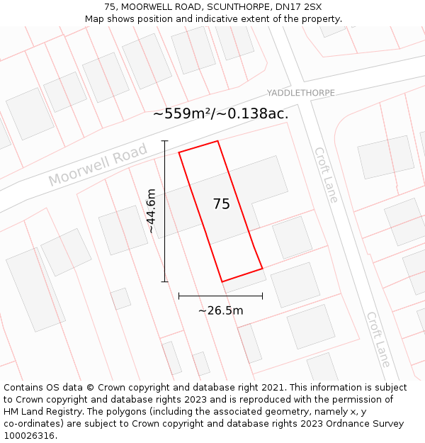 75, MOORWELL ROAD, SCUNTHORPE, DN17 2SX: Plot and title map