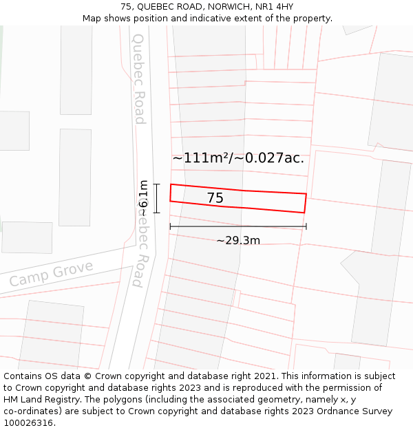 75, QUEBEC ROAD, NORWICH, NR1 4HY: Plot and title map
