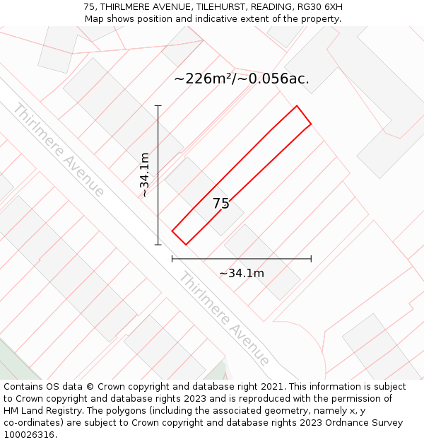 75, THIRLMERE AVENUE, TILEHURST, READING, RG30 6XH: Plot and title map