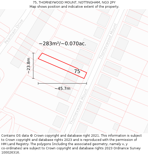 75, THORNEYWOOD MOUNT, NOTTINGHAM, NG3 2PY: Plot and title map