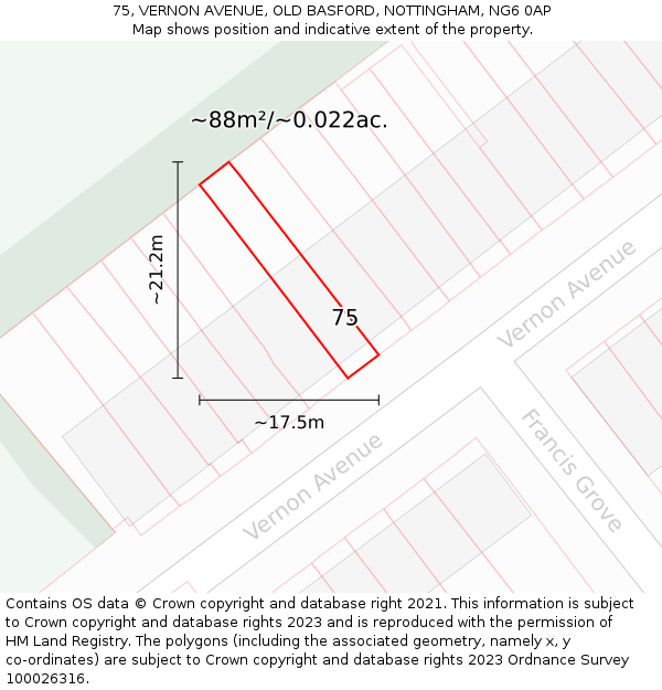 75, VERNON AVENUE, OLD BASFORD, NOTTINGHAM, NG6 0AP: Plot and title map