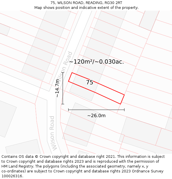 75, WILSON ROAD, READING, RG30 2RT: Plot and title map
