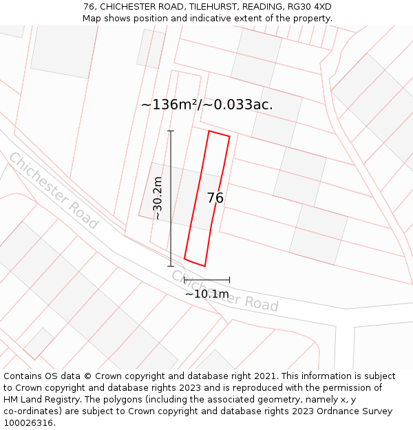 76, CHICHESTER ROAD, TILEHURST, READING, RG30 4XD: Plot and title map