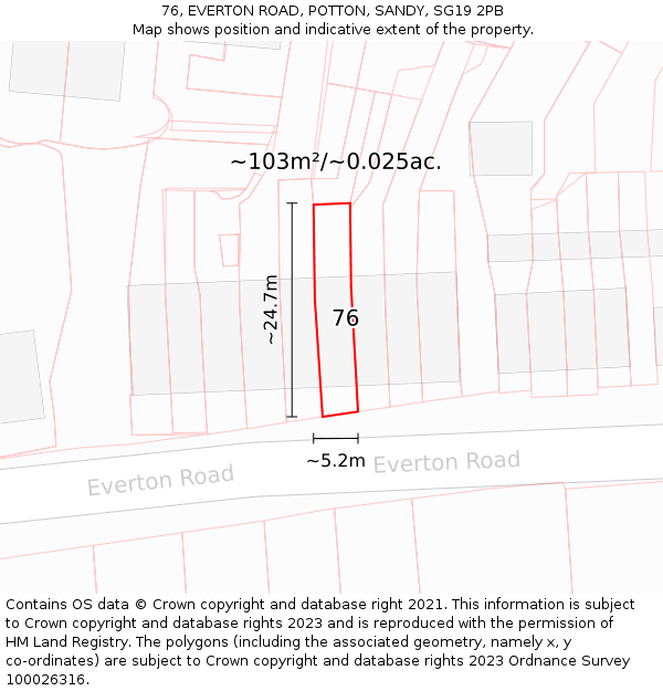 76, EVERTON ROAD, POTTON, SANDY, SG19 2PB: Plot and title map