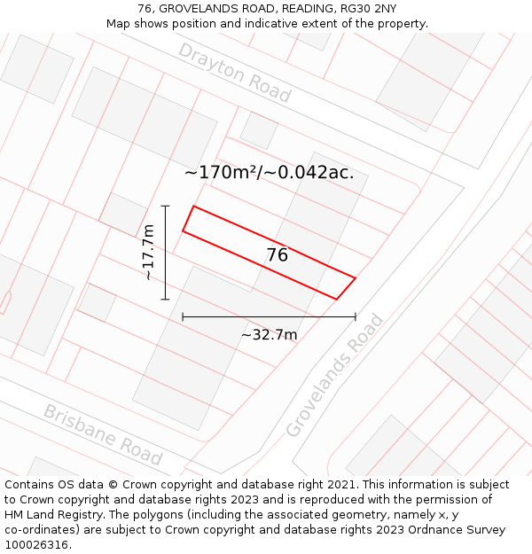 76, GROVELANDS ROAD, READING, RG30 2NY: Plot and title map