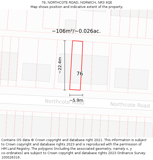 76, NORTHCOTE ROAD, NORWICH, NR3 4QE: Plot and title map