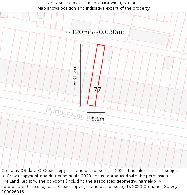 77, MARLBOROUGH ROAD, NORWICH, NR3 4PL: Plot and title map
