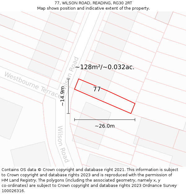 77, WILSON ROAD, READING, RG30 2RT: Plot and title map
