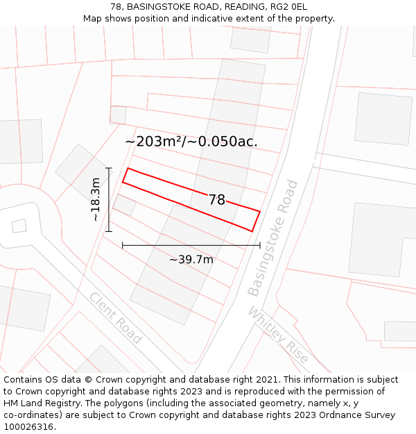78, BASINGSTOKE ROAD, READING, RG2 0EL: Plot and title map