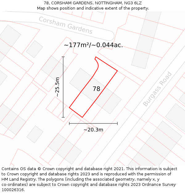 78, CORSHAM GARDENS, NOTTINGHAM, NG3 6LZ: Plot and title map