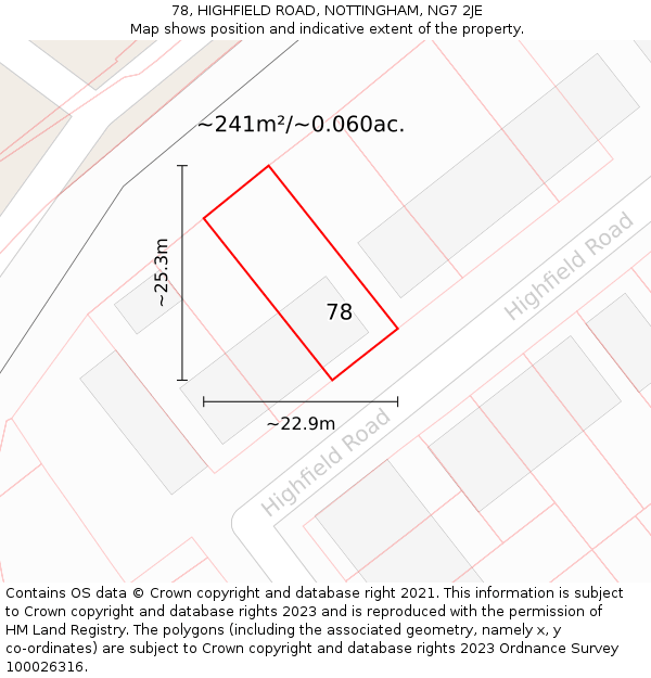 78, HIGHFIELD ROAD, NOTTINGHAM, NG7 2JE: Plot and title map