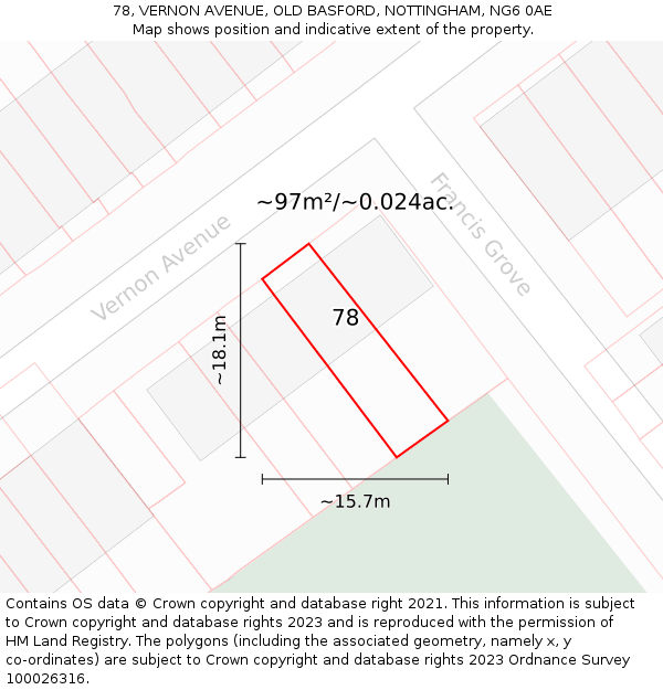 78, VERNON AVENUE, OLD BASFORD, NOTTINGHAM, NG6 0AE: Plot and title map