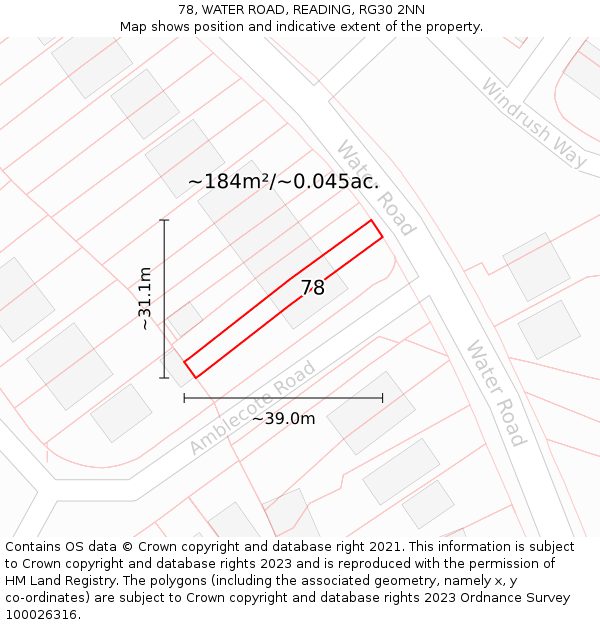 78, WATER ROAD, READING, RG30 2NN: Plot and title map