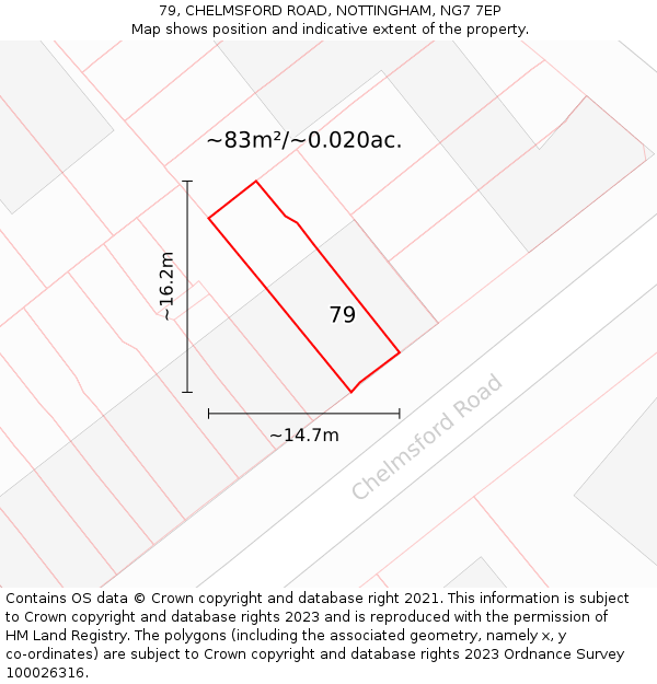 79, CHELMSFORD ROAD, NOTTINGHAM, NG7 7EP: Plot and title map