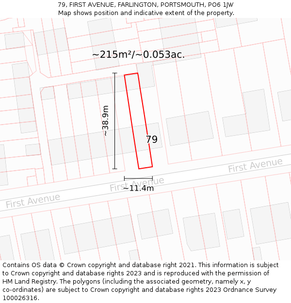 79, FIRST AVENUE, FARLINGTON, PORTSMOUTH, PO6 1JW: Plot and title map