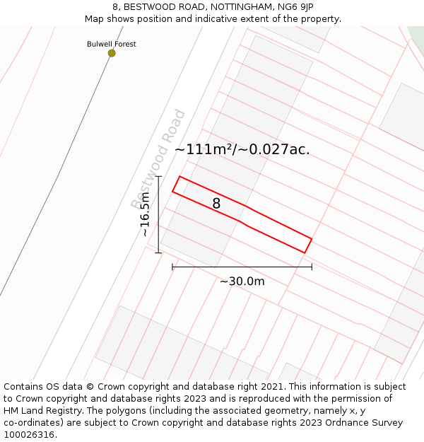 8, BESTWOOD ROAD, NOTTINGHAM, NG6 9JP: Plot and title map