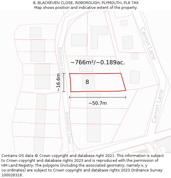 8, BLACKEVEN CLOSE, ROBOROUGH, PLYMOUTH, PL6 7AX: Plot and title map